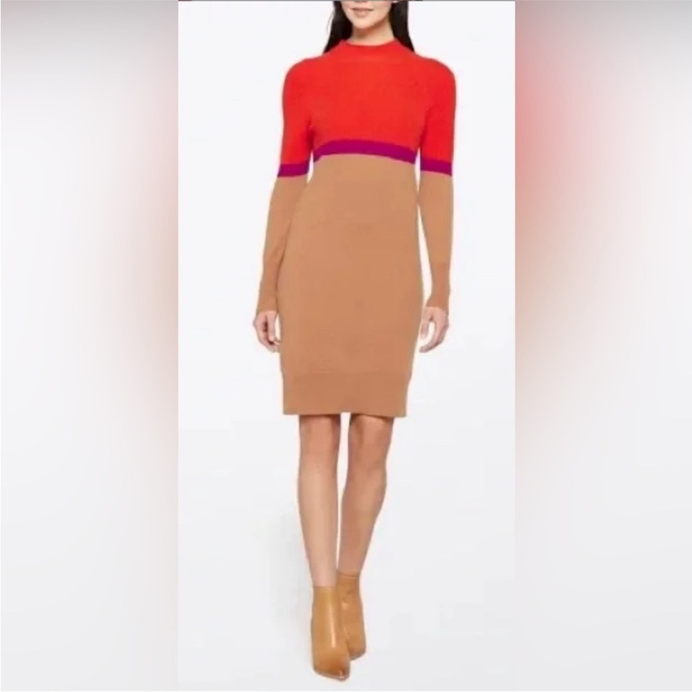 💯Cashmere Colorblock Long-Sleeve Sheath Dress in Red, Camel & Purple Trim